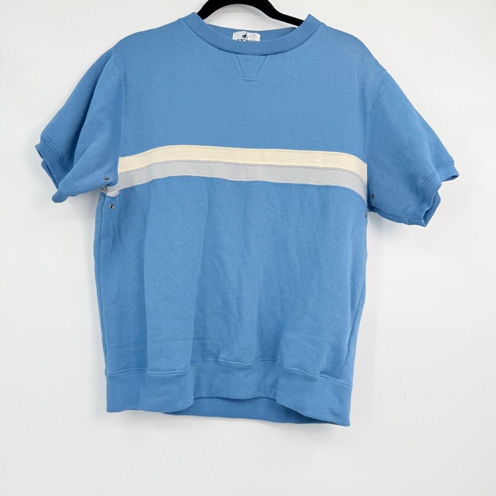 Vintage Jockey Short Sleeve Sweatshirt Womens L Retro 80s Blue Stripe Crewneck L